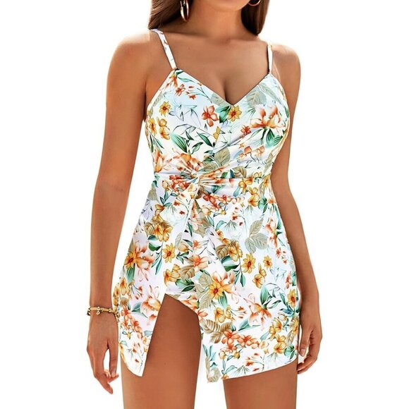 ⭐ Women's One Piece V Neck White & Yellow Bathing Suit Vacation Swimdress - Picture 1 of 5